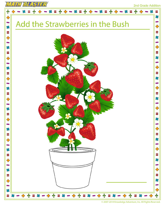 Add the Strawberries in the Bush - Free Printable Math Worksheet for 2nd Grade