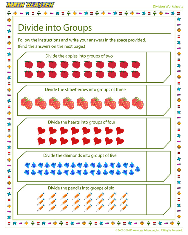 Divide into Groups - Easy - Fun division worksheet for elementary grades