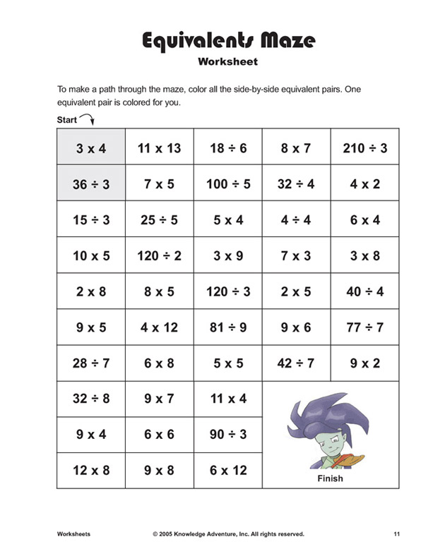 Equivalents Maze - Multiplication and Division Worksheet for Kids