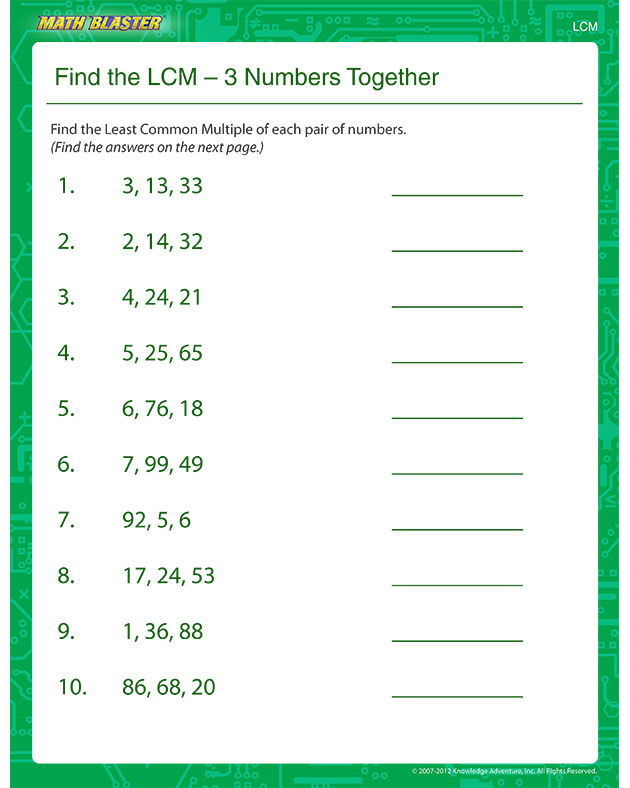 Find the LCM – 3 Numbers Together - Free Math Worksheet for Kids