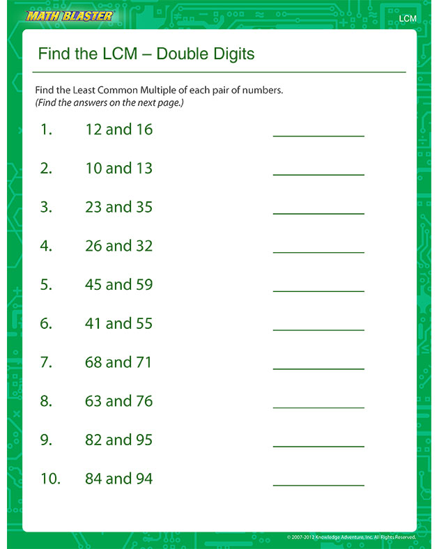 Find the LCM – Double Digits - Free Math Worksheet for Kids