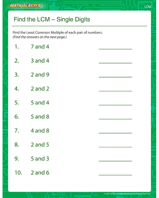 Find the LCM – Single Digits - Free Math Worksheet for Kids