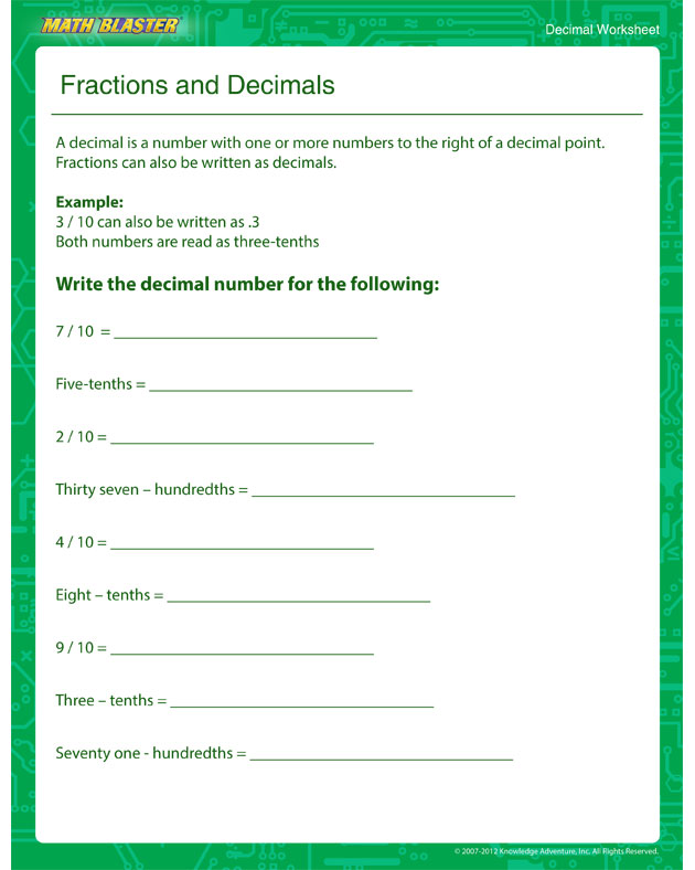 Fractions and Decimals - Decimal Worksheet for Kids