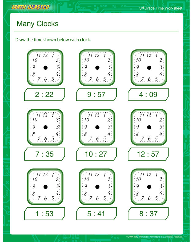 Many Clocks – Time Worksheet for Kids - Math Blaster