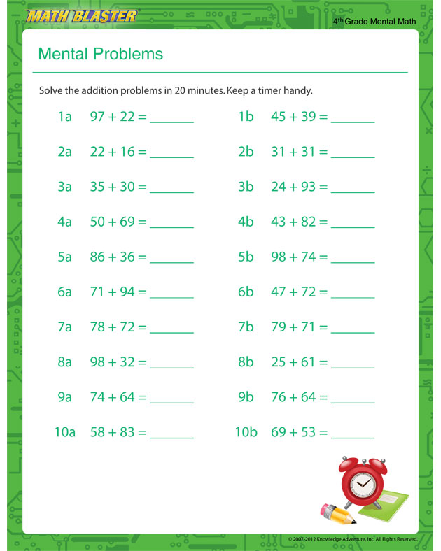 Mental Problem – Mental Math Worksheet for Kids - Math Blaster