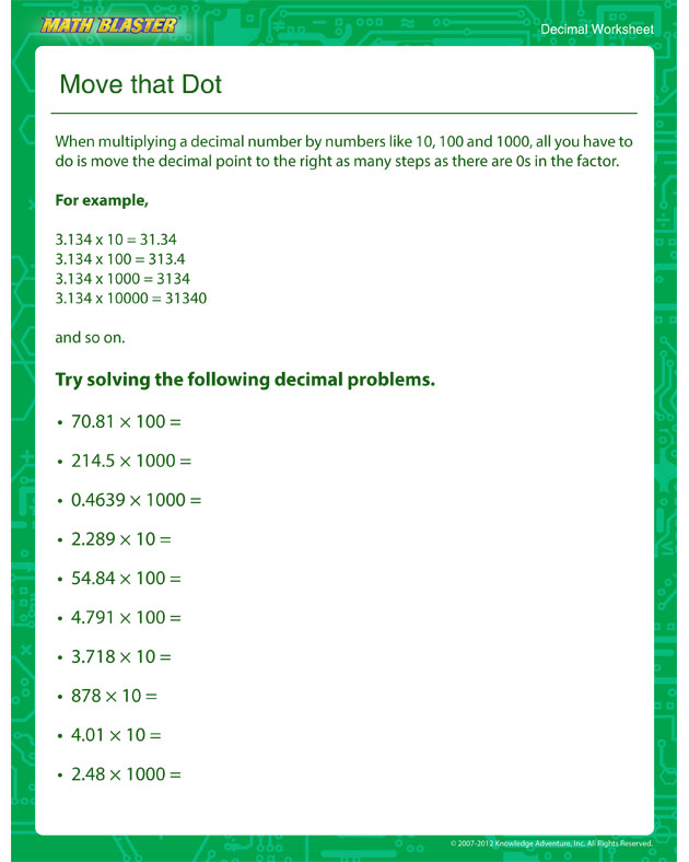 Move that Dot - Decimal Worksheet for Kids