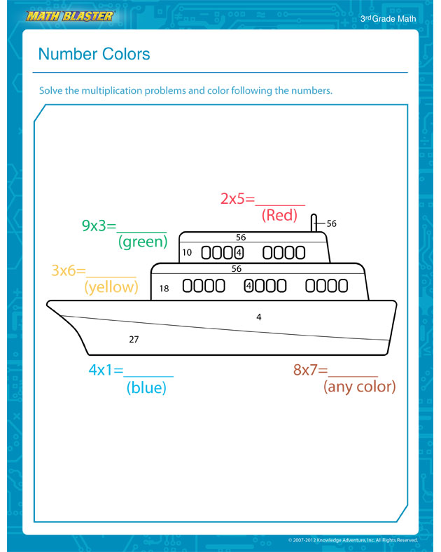 Number Colors - Free Math Worksheet for 3rd Grade