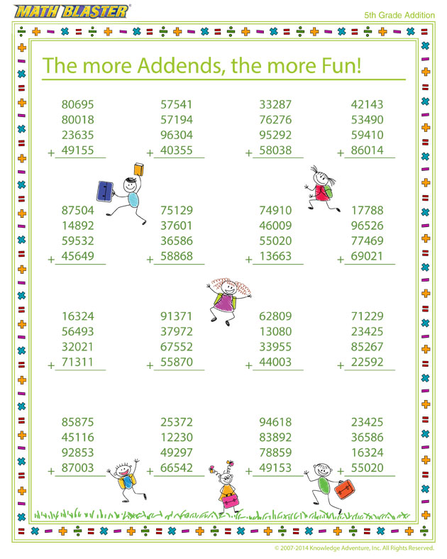 The more Addends, the more Fun! - Free Printable Math Worksheet for 5th Grade