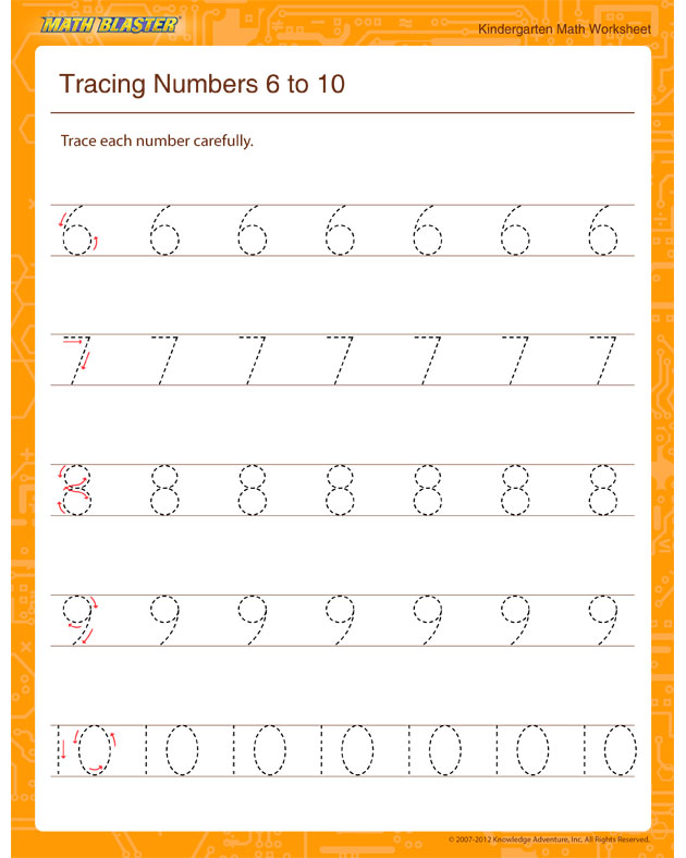 Tracing Numbers 6 to 10 - Math Worksheet for Kindergarten