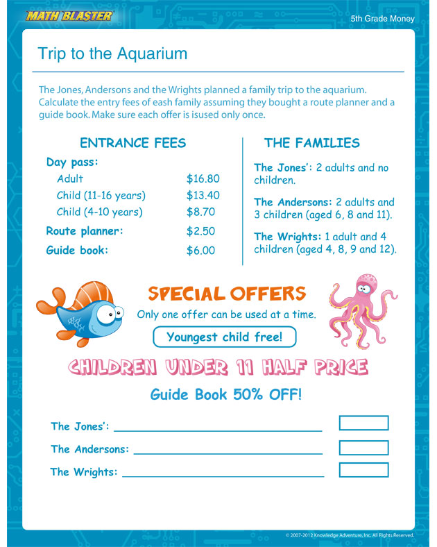 Trip to the Aquarium - Free Math Worksheet for 5th Grade