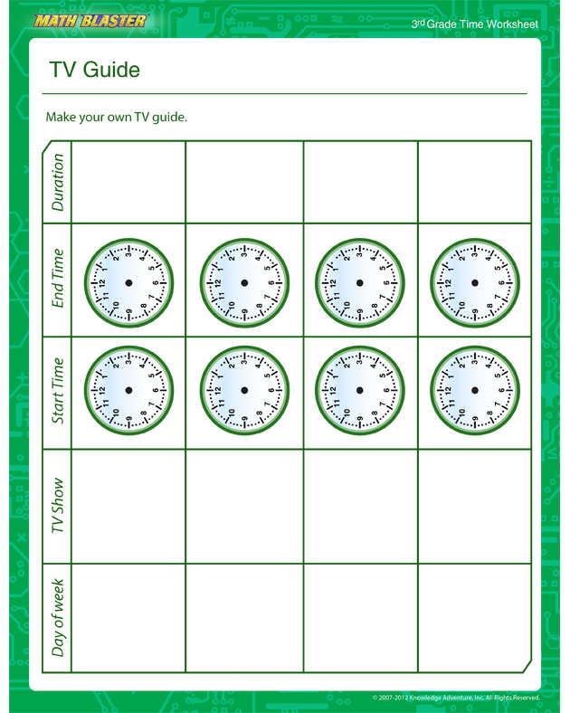 TV Guide – Time Worksheet for Kids - Math Blaster