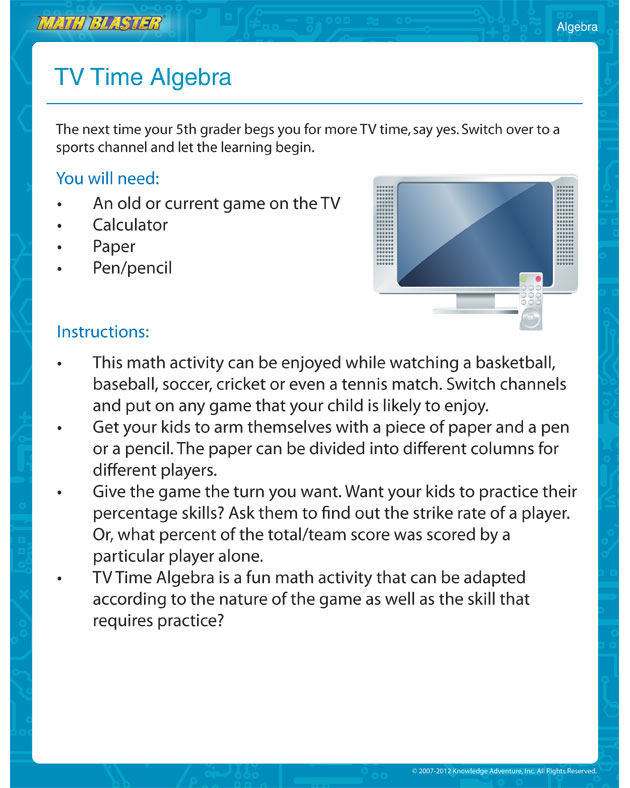 TV Time Algebra - Free Printable Math Activity for 5th Grade