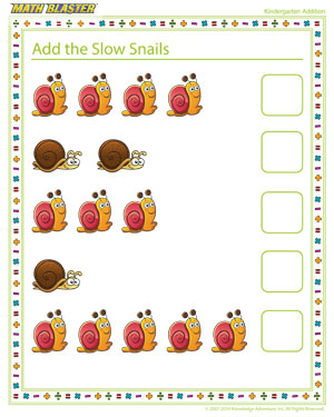 Add the Slow Snails - Free Addition Worksheet for Kindergarten Grade