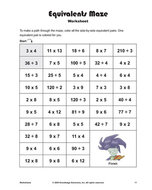 Equivalents Maze - Printable Multiplication and Division Worksheet for Kids