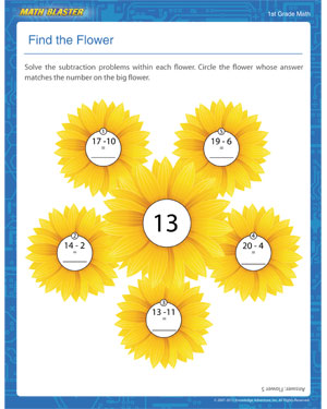 Find the Flower - Printable Subtraction Worksheet for Elementary