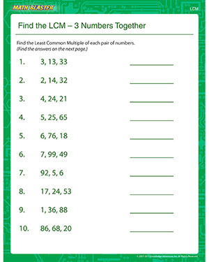 Find the LCM – 3 Numbers Together - Printable Math Worksheet for Kids