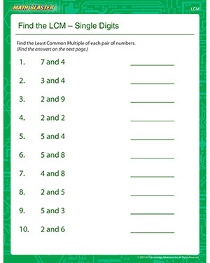 Find the LCM – Single Digits - Printable Math Worksheet for Kids