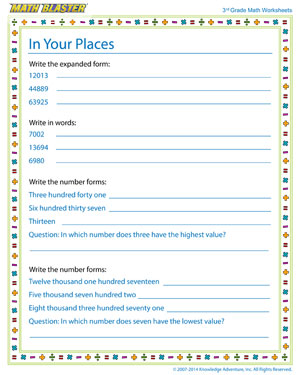 In Your Places - Free Place Value Worksheet for 3rd Grade