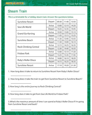 Steam Train - Printable Math Worksheet for Sixth Grade