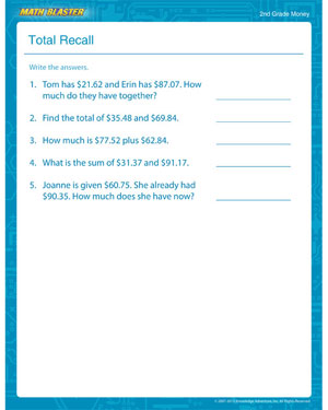 Total Recall - Free Money Worksheet for 2nd Grade