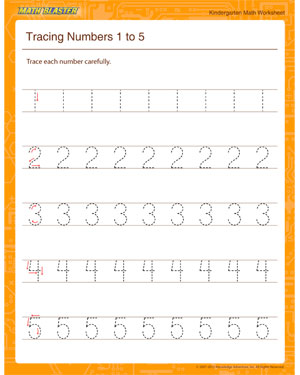 Tracing Numbers 1 to 5 - Printable Math Worksheet for Kindergarten