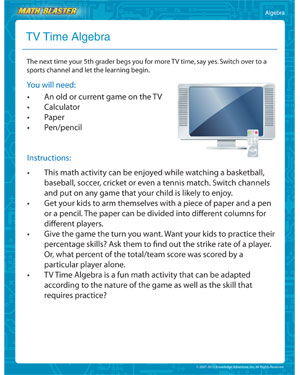 TV Time Algebra - Free Printable Math Activity for 5th Grade